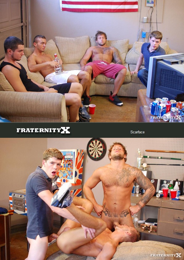 Sexy Tattooed college boy get bareback fucked in Scarface at Fraternityx
