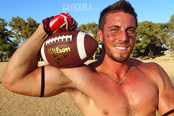 Sexy athletic football player Derek Jones shows off his hot body and shoot his big load at Gayhoopla