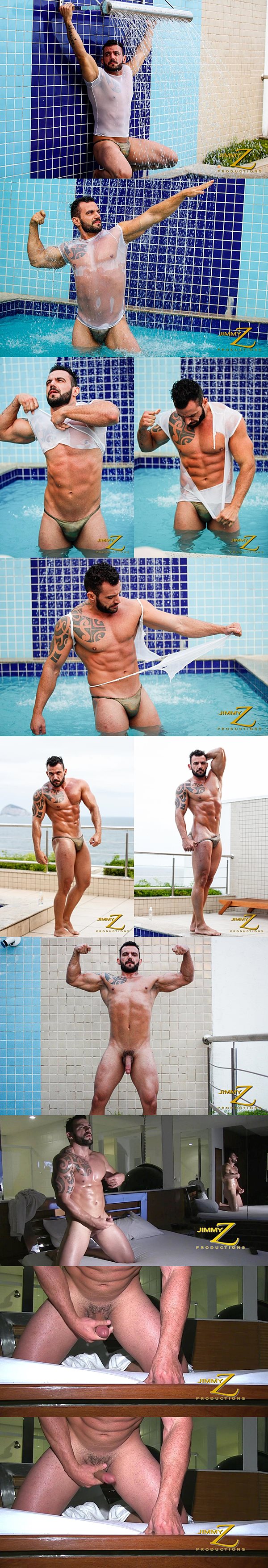 Hot Brazilian muscle hunk Gustavo shows off his hot naked muscled body before he jerks off in Pool Time at Jimmyzproductions