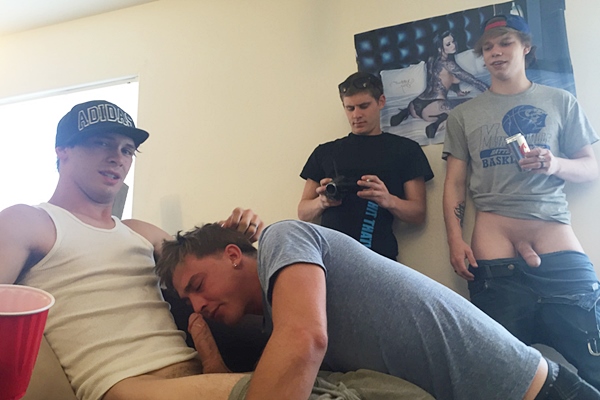 Stone, Jessie and John gangbang bareback Tyler until they give Tyler big facials in Bound Frat Bottom Boy at Fraternityx
