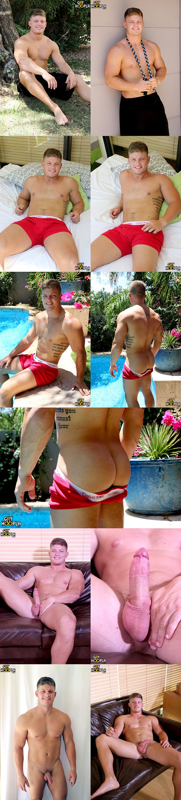 Hot new muscle jock Jesse Brooks shows off his beautiful bubble ass before he jerks off at Gayhoopla