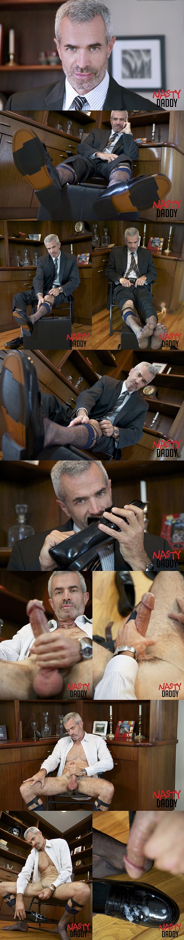 Silver fox Derek Anthony shoots his thick load onto his shoes at Nastydaddy