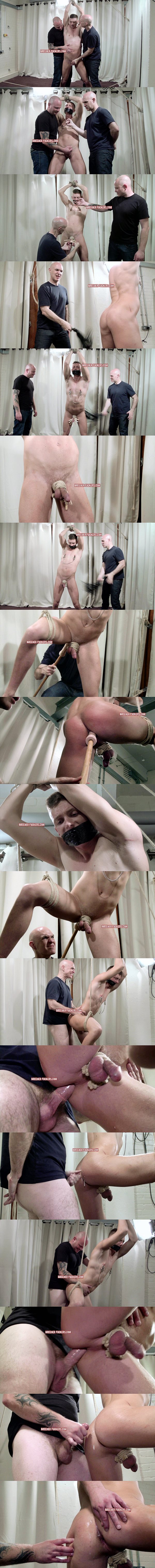 Straight Electrician Steve gets tied, gagged, nipples clamped, cbt, flogged, dildoed and fucked at Breederfuckers 02