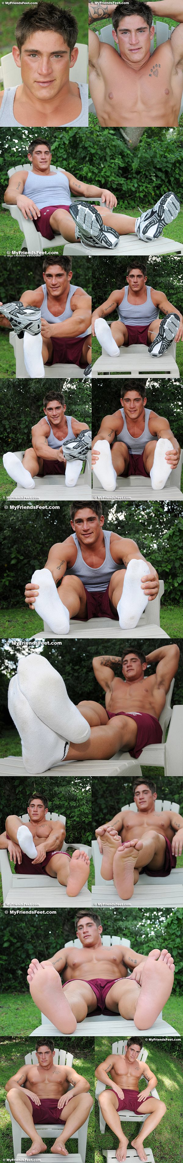 Handsome straight muscle jock Tucker's size 12 feet in white socks and bare at Myfriendsfeet