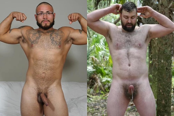 Inked macho male stripper Jay and muscle bear Scott Johnson jerk off at Theguysite