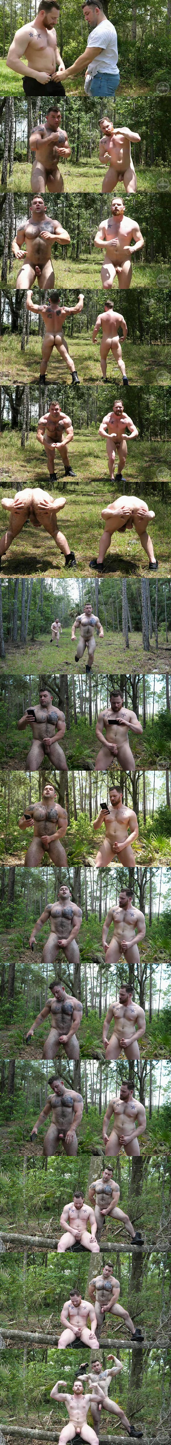 Muslce studs Jack and Randy (aka Owen Michaels) jerk off outdoors in 2 Swinging Dicks In The Woods at Theguysite 01