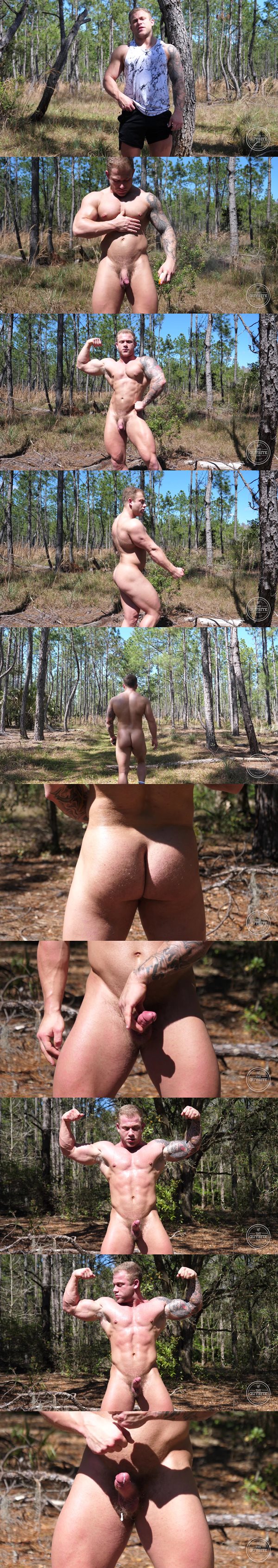 Blond muscle hunk Jake Daniel jerks off in Blond Bodybuilder in the Woods at Theguysite