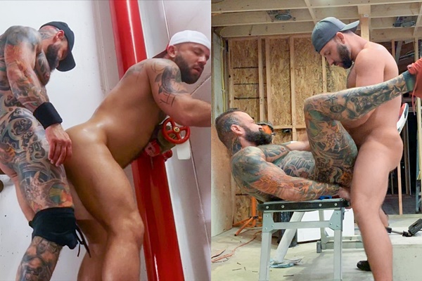 Inked macho studs, real couple Pupcheer and Tank Joey take turns barebacking each other until they give each other facials in both guys' bottoming debut at Realitydudes