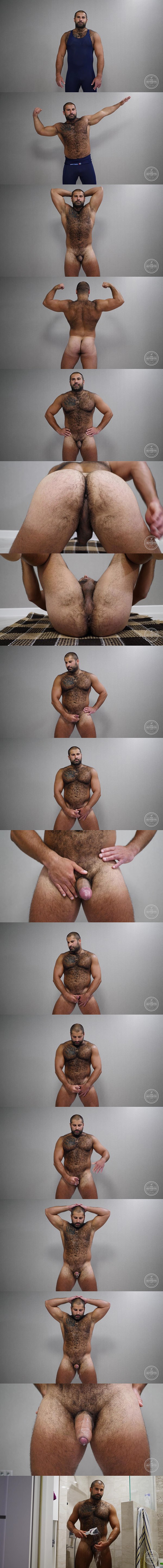 Masculine newcomer, sexy hairy straight muscle bear Andrei shows off his naked muscular body before he has a hands free orgasm in Naked Russian Bear at Theguysite