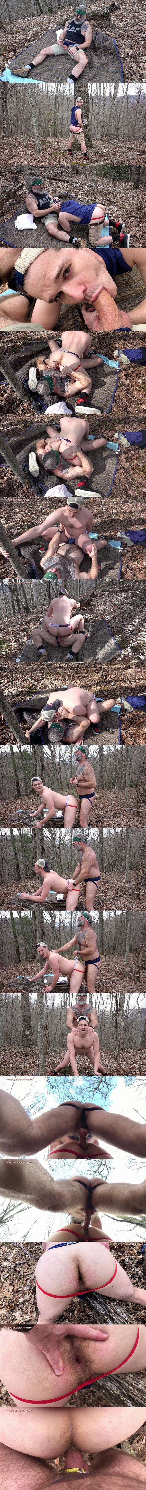 Fuzzy inked bear daddy Will Angell barebacks newcomer Scott Ryder in the woods before he creampies Scott in Scott's bottoming debut at Musclebearporn 01