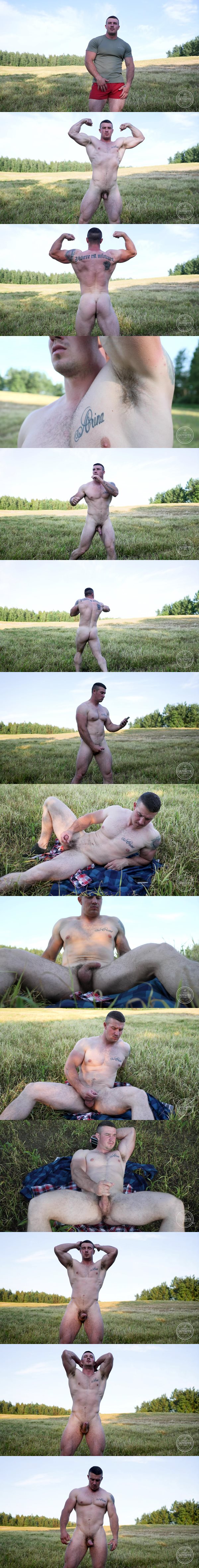 Masculine Russian straight muscle man Daddy Bull walks naked in the woods before he has a hands free cumshot at Theguysite
