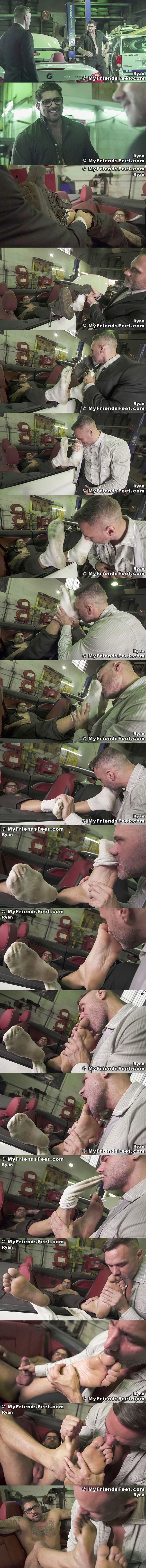 Masculine Canadian beefcake, mechanic Ryan Bones gets his sweaty socks and manly bare feet worshiped by Manuel Skye until Ryan blows his load at Myfriendsfeet 01