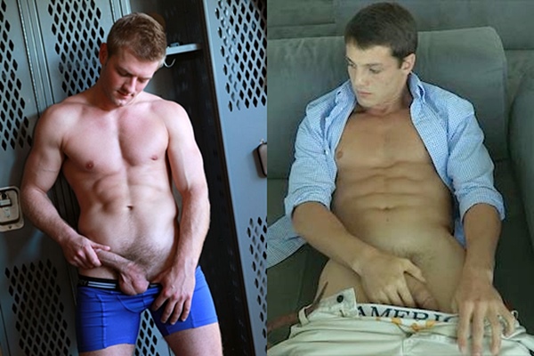 Handsome straight muscle jock Cason (aka Sean Holmes) and ripped college dude Porter pose their sexy fit naked bodies and shoot their creamy loads at Fratmen