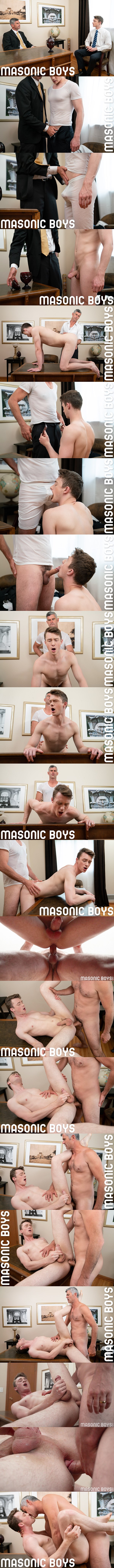 Handsome silver fox Master Oaks (aka President Oaks) barebacks cute twink Cole Blue until he fucks the cum out of Cole and creampies him in The Calling at Masonicboys 01