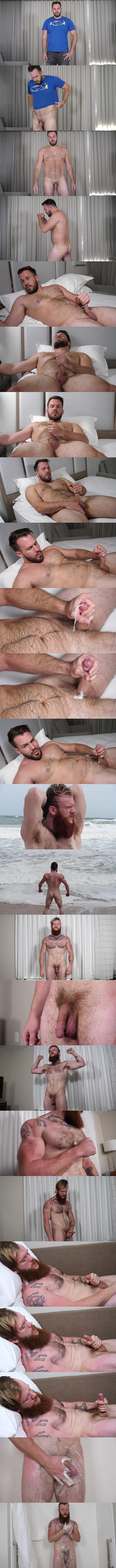 Tall hairy straight hunk Harry and bearded ginger stud Jax Norseman pose their naked muscle bodies before they jerk off in Harry Rubs One Out and He Cums in His Red Beard at Theguysite 01