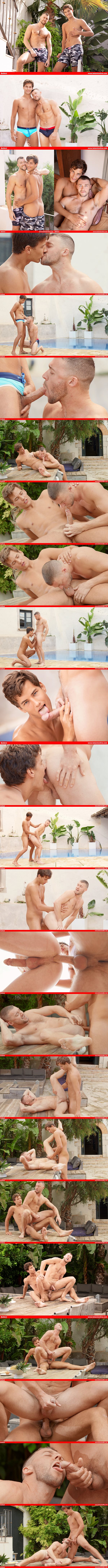 Blond Belami porn star Tom Houston barebacks Seancody model Justin before he fucks the cum out of Justin and cums in Justin's mouth at Belamionline 01