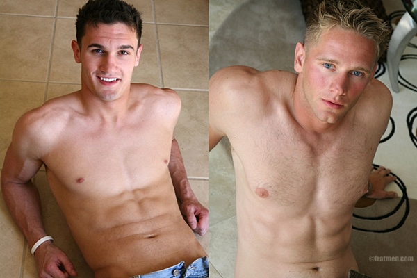 Handsome straight football player Cody and blond college student Emory show off their ripped naked bodies and shoot their loads at Fratmen