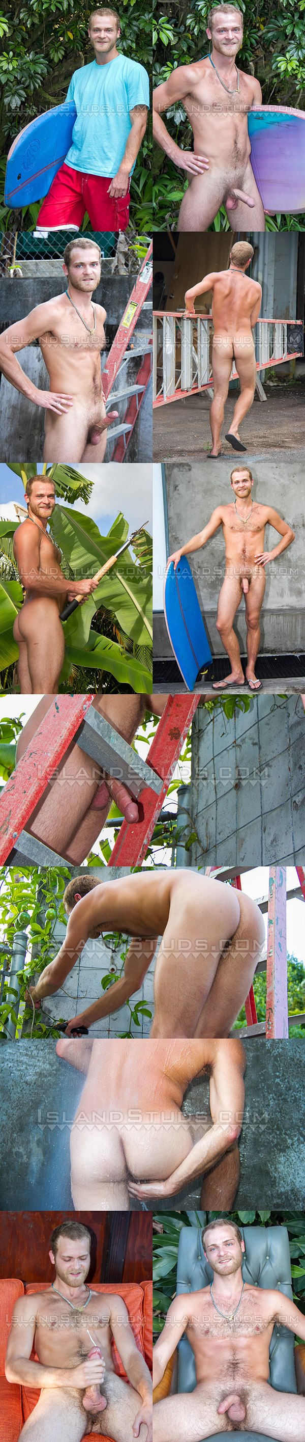 Hairy straight tan surfer Nickolas shows off his fit naked body before he milks the jizz out of his hard cock at Island Studs