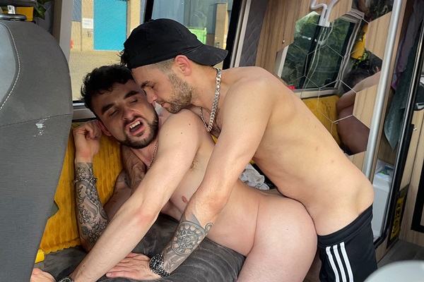 George Mason and Mikey Lee bareback a cute couple in 2 Boyfriends Raw Breeding By 2 Sleazy Lads Camper-Van at Raw Road Nation