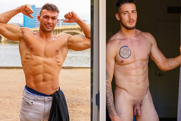 Masculine ripped straight muscle jock Dallas Blue and sexy male stripper Collin Black strip naked and jerk off at Gay Hoopla