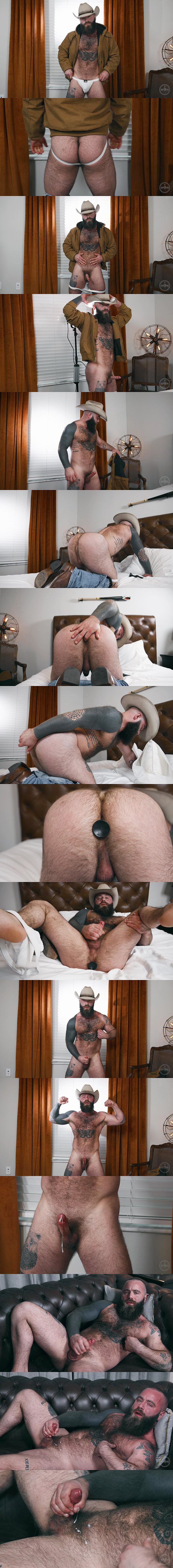 Gay porn newcomer, hairy inked stud Baby Bear fingers and dildo-fucks himself until he blows two creamy loads at The Guy Site