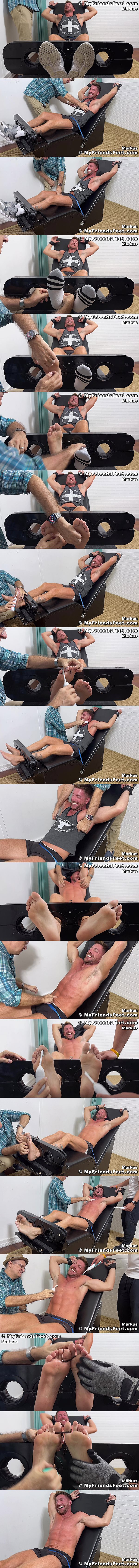 Straight muscle hunk, Argentinian hottie Markus gets tied to the tickle chair and tickled by Dan Edwards at My Friends Feet 01