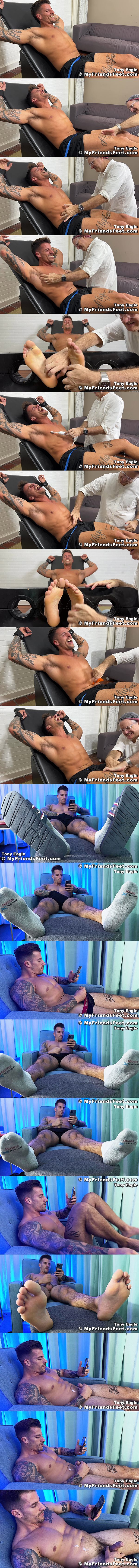 Rugged handsome tattooed straight jock Tony Eagle gets tickled and jerks off for the first time on camera at My Friends Feet 01