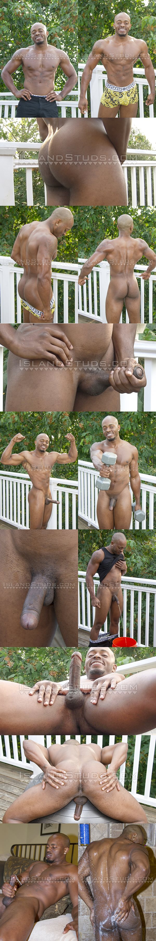 Ripped ebony muscle god, uncut bodybuilder Damien strips naked, pumps iron, piss, paints, pisses and jerk off at Island Studs