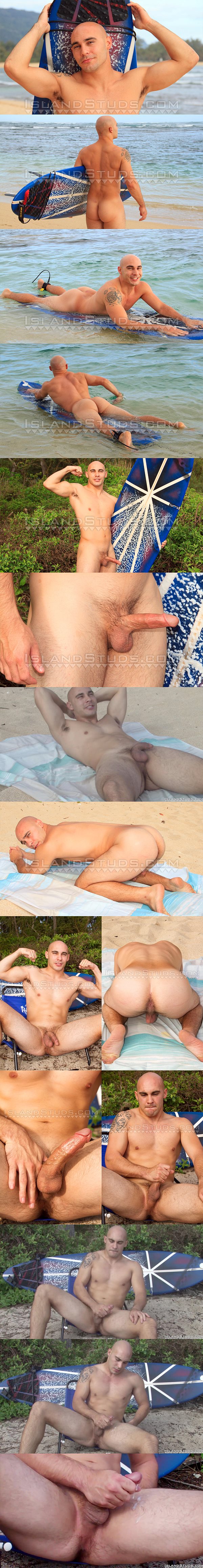 American military stud, bald straight hunk Justin flexes, surf naked, exposes his virgin manhole and jerks off at Island Studs