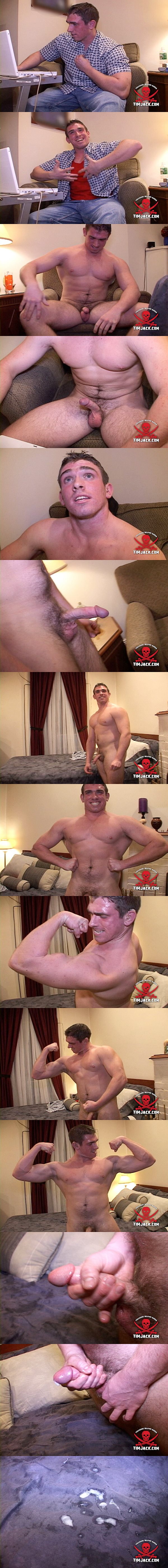 Muscular straight dude Aaron strips naked, flexes his muscle body and shoots his load for the first time on camera at Tim Jack