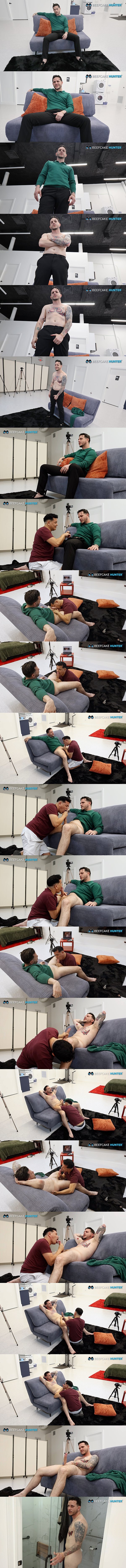 Inked straight salesman Renzo gets sucked and jerked off by a man for the first time in Hung Beefcake Renzo at Beefcake Hunter 01