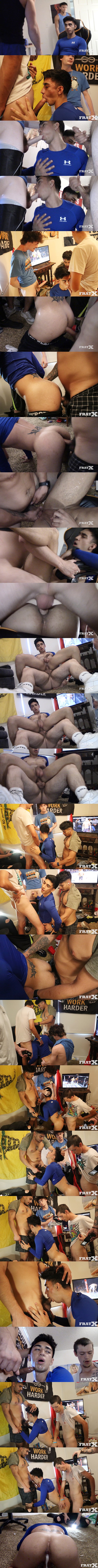 Bruce Garcia, Craig Summers and Louis gangbang and creampie fit latin jock Emilio (aka Emilio Hernandez) in Rage Fuck at Fratx 01